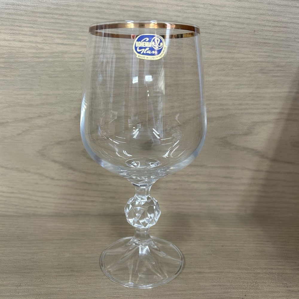 Claudia Bohemia Czech Crystal Water Goblet Gold Rim Org Sticker Facetted Ball